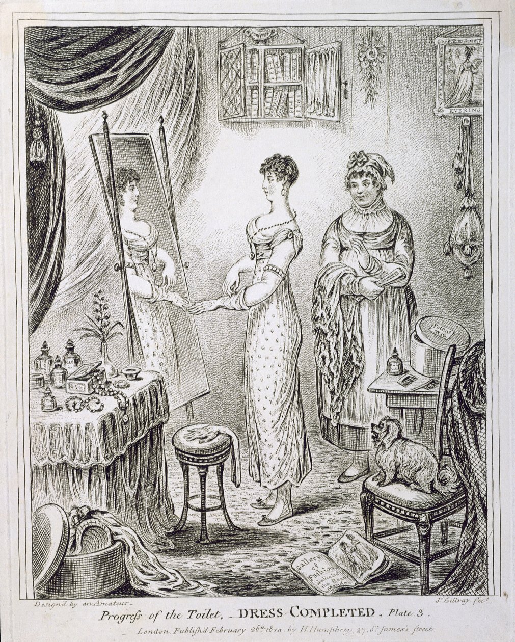 Progressi della toilette, o vestito completato, pubblicato da Hannah Humphrey nel 1810 da James Gillray