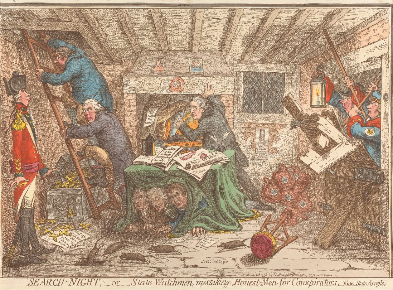 Notte di perquisizioni; oppure: le forze dell’ordine statali scambiano uomini onesti per cospiratori – Vedi: Arresti da parte delle autorità statali da James Gillray
