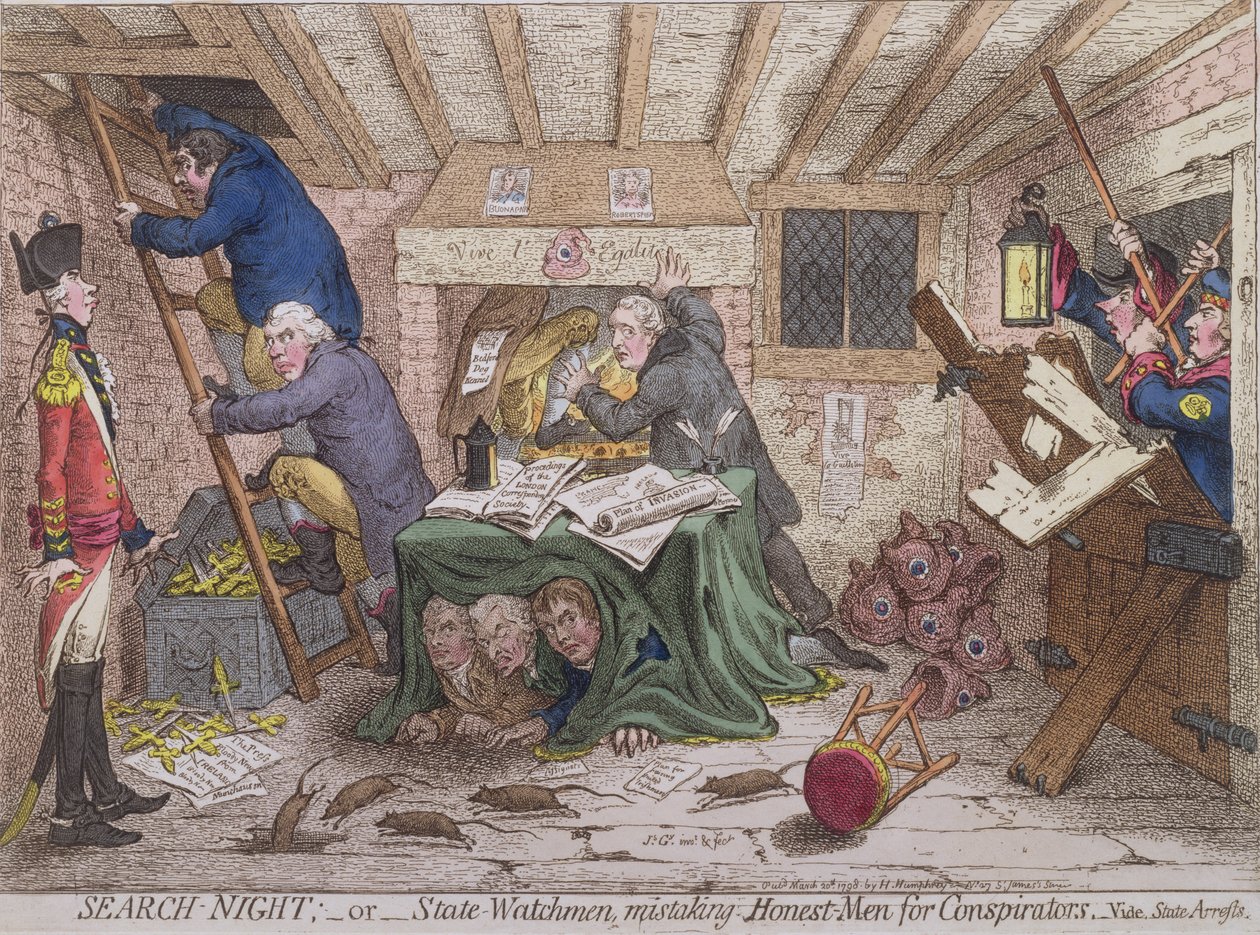 Notte di ricerca, o i guardiani dello stato che scambiano uomini onesti per cospiratori, pubblicato da Hannah Humphrey nel 1798 da James Gillray