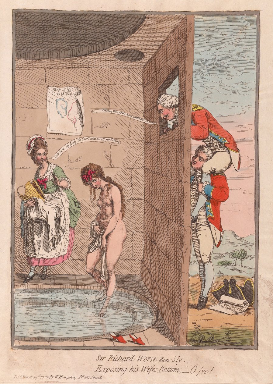 Sir Richard Peggio-di-Sly, esponendo il sedere di sua moglie - Oh vergogna!, pub. 1782 da James Gillray