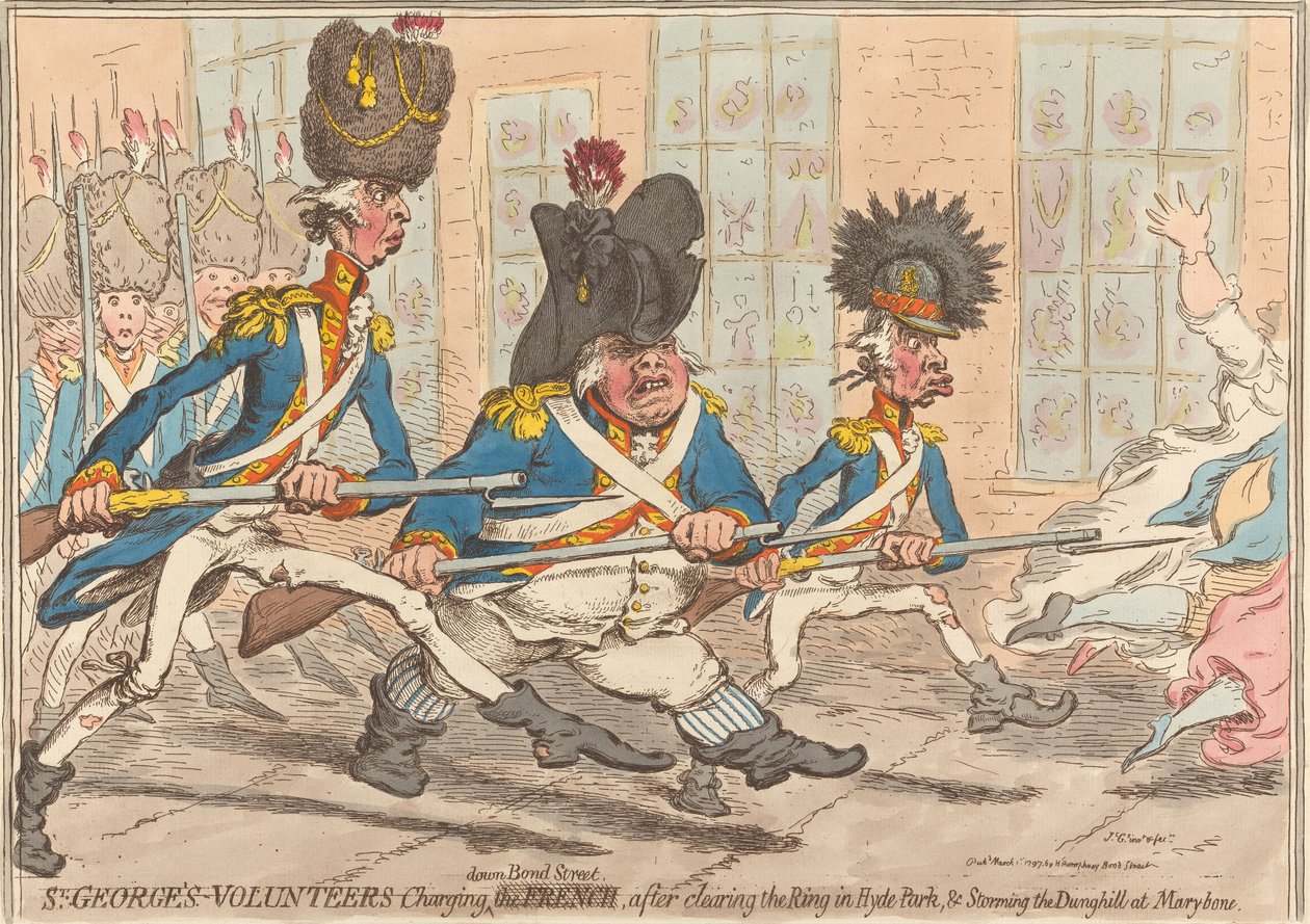 I volontari di St. George che si lanciano lungo Bond Street, dopo aver sgomberato l’arena di Hyde Park e aver preso d’assalto il Dunghill a Marybone da James Gillray