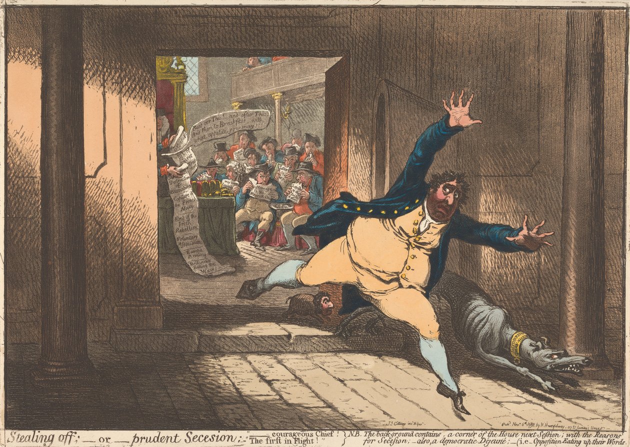 Fuga precipitosa; - ovvero - Secessione prudente. "Il capo coraggioso, il primo a fuggire" da James Gillray