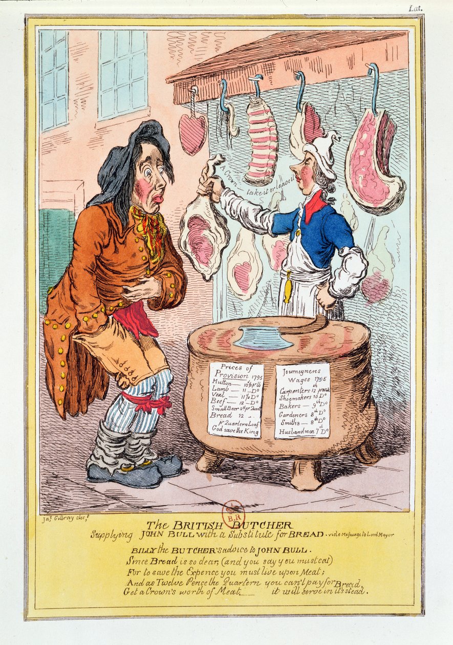 Il macellaio britannico che fornisce a John Bull un sostituto del pane, 1795 da James Gillray