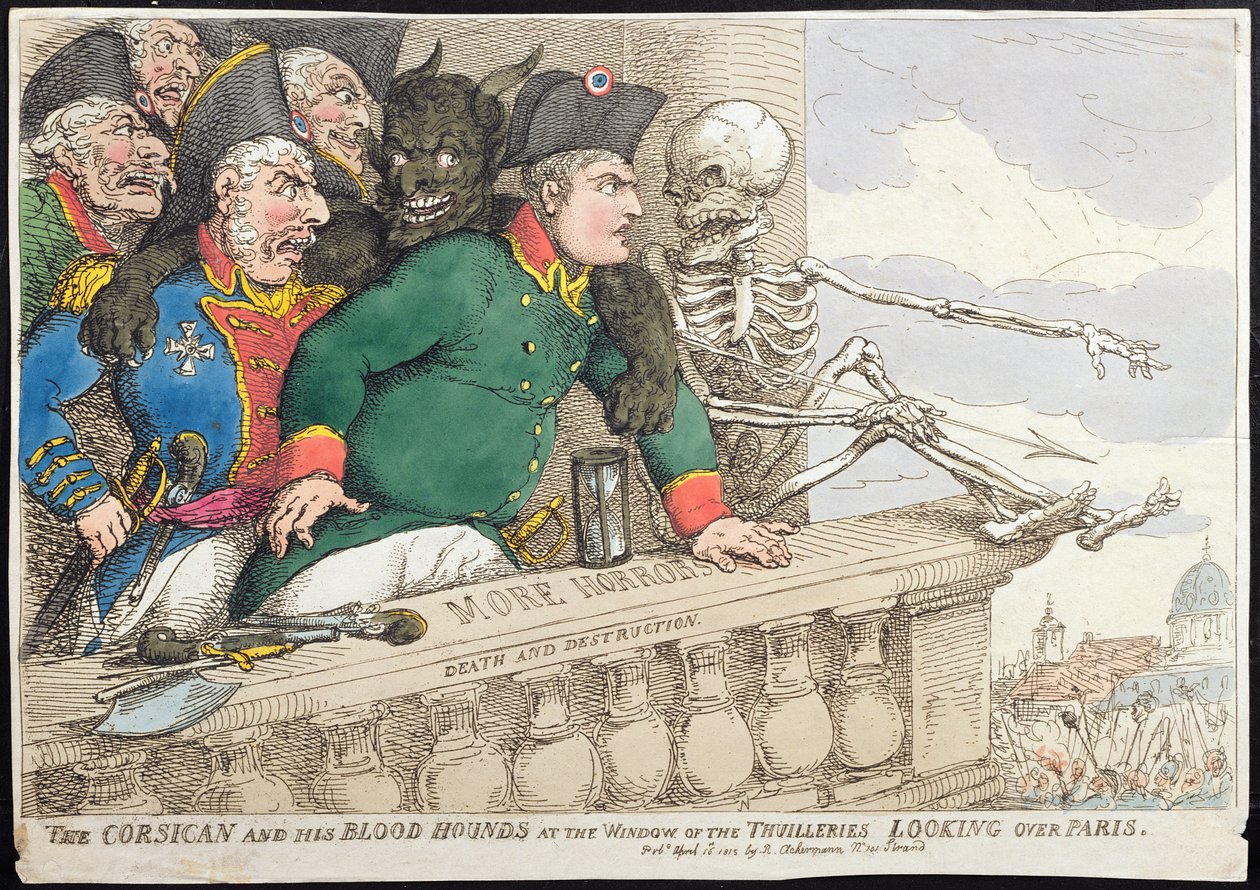 Il corso e i suoi segugi alla finestra delle Tuileries, guardando su Parigi, pubblicato da Hannah Humphrey nel 1815 da James Gillray