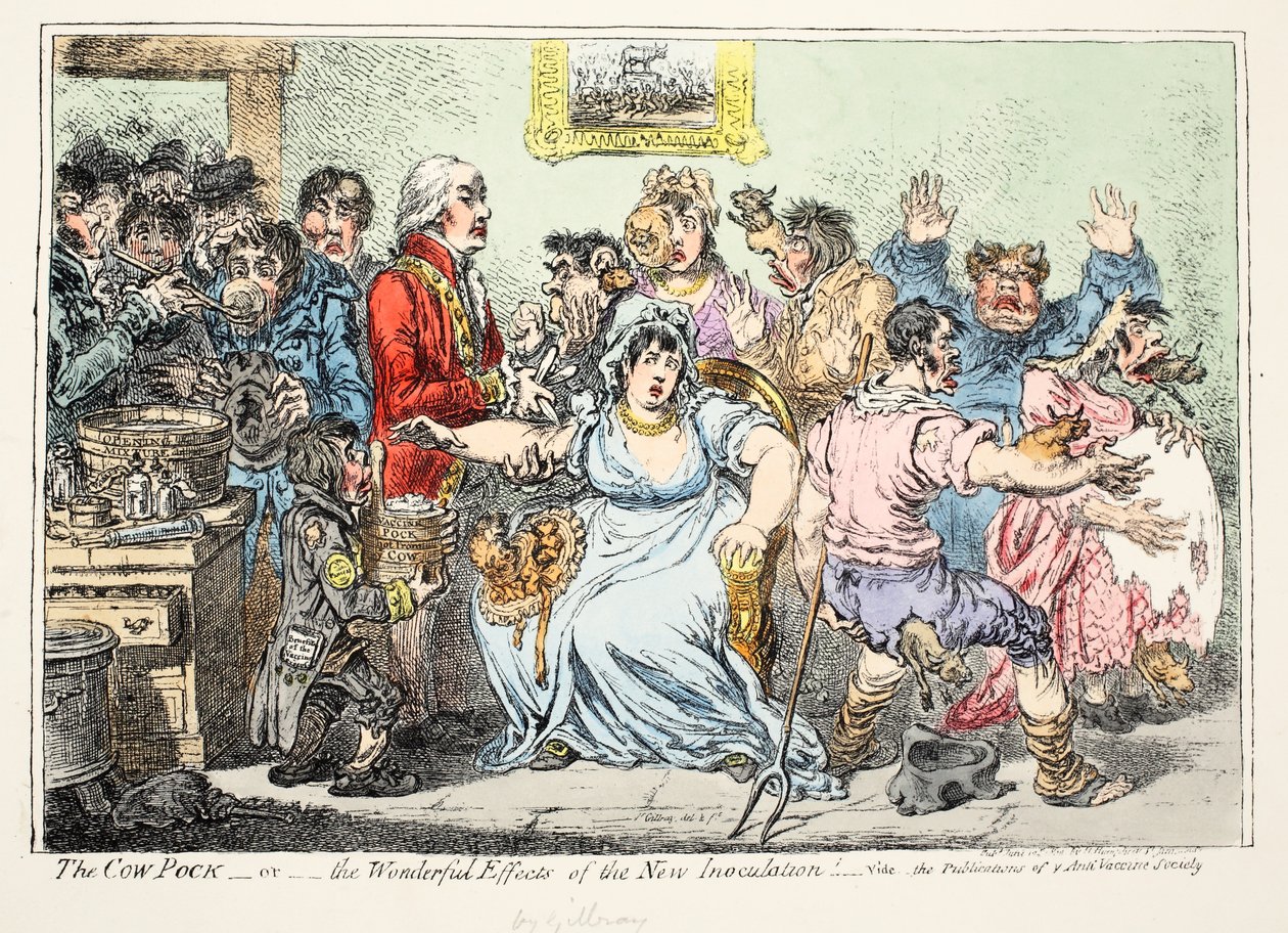La vacca vaccina o meravigliosi effetti della nuova inoculazione! Vide le pubblicazioni della società anti-vaccino, pub da H. Humphreys da James Gillray