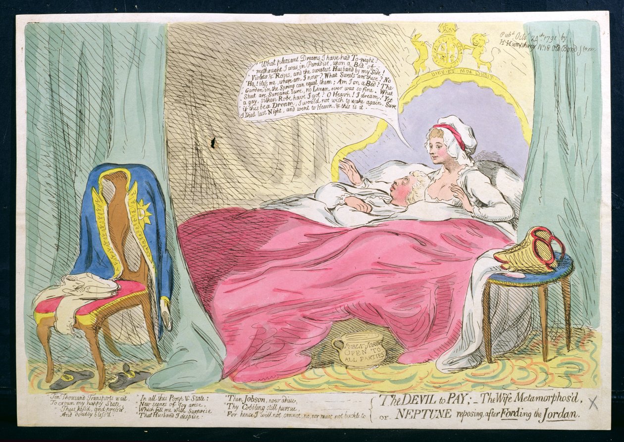Il diavolo da pagare: la moglie trasformata, o Nettuno che riposa dopo aver guadato il Giordano, pubblicato da Hannah Humphrey nel 1791 da James Gillray