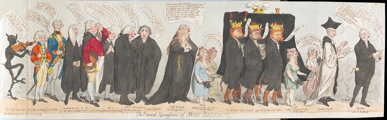 Il corteo funebre di Miss Regency, pub. 1789 da James Gillray