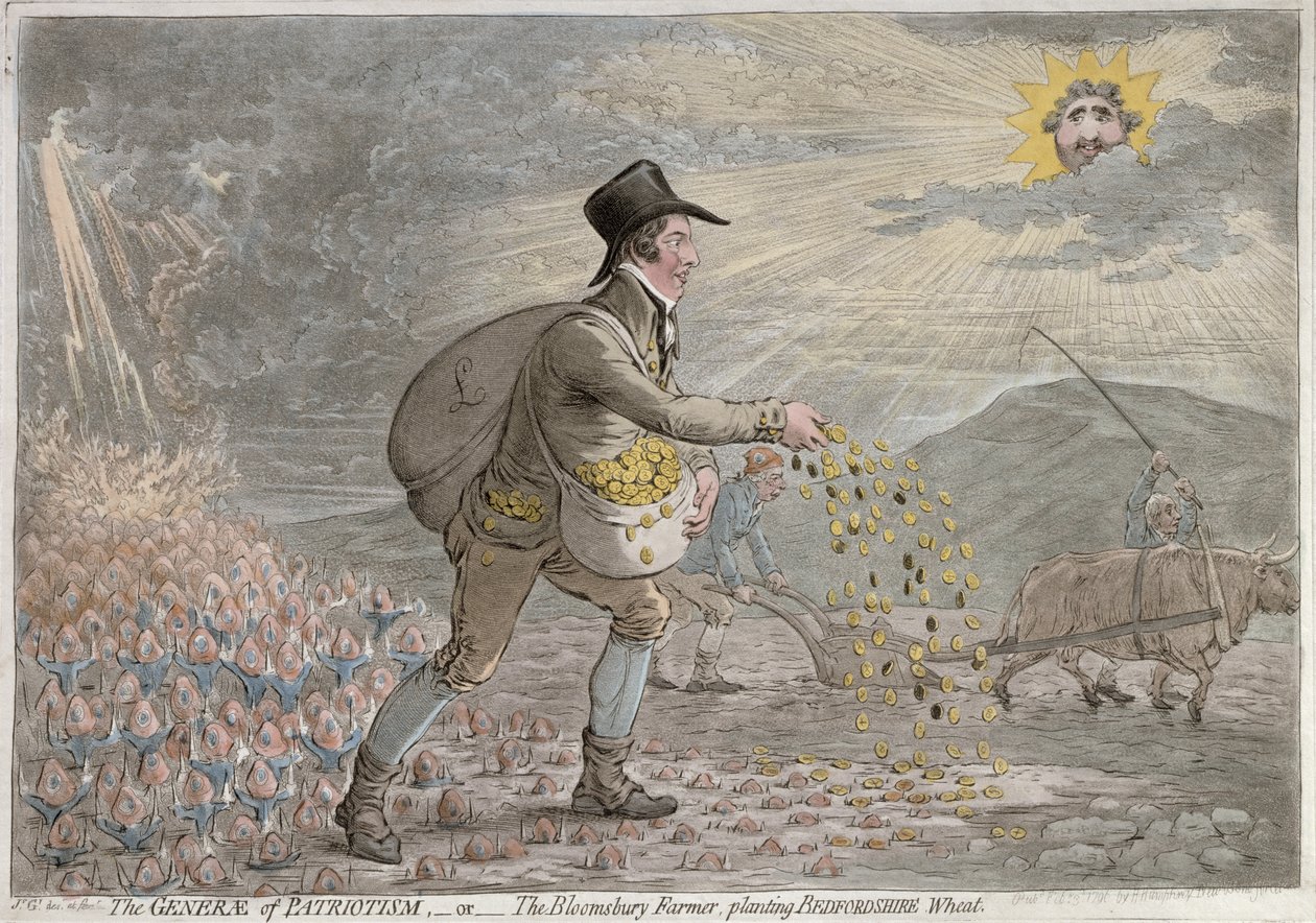 Il generale del patriottismo, o il contadino di Bloomsbury che pianta grano del Bedfordshire, pubblicato da Hannah Humphrey nel 1796 da James Gillray