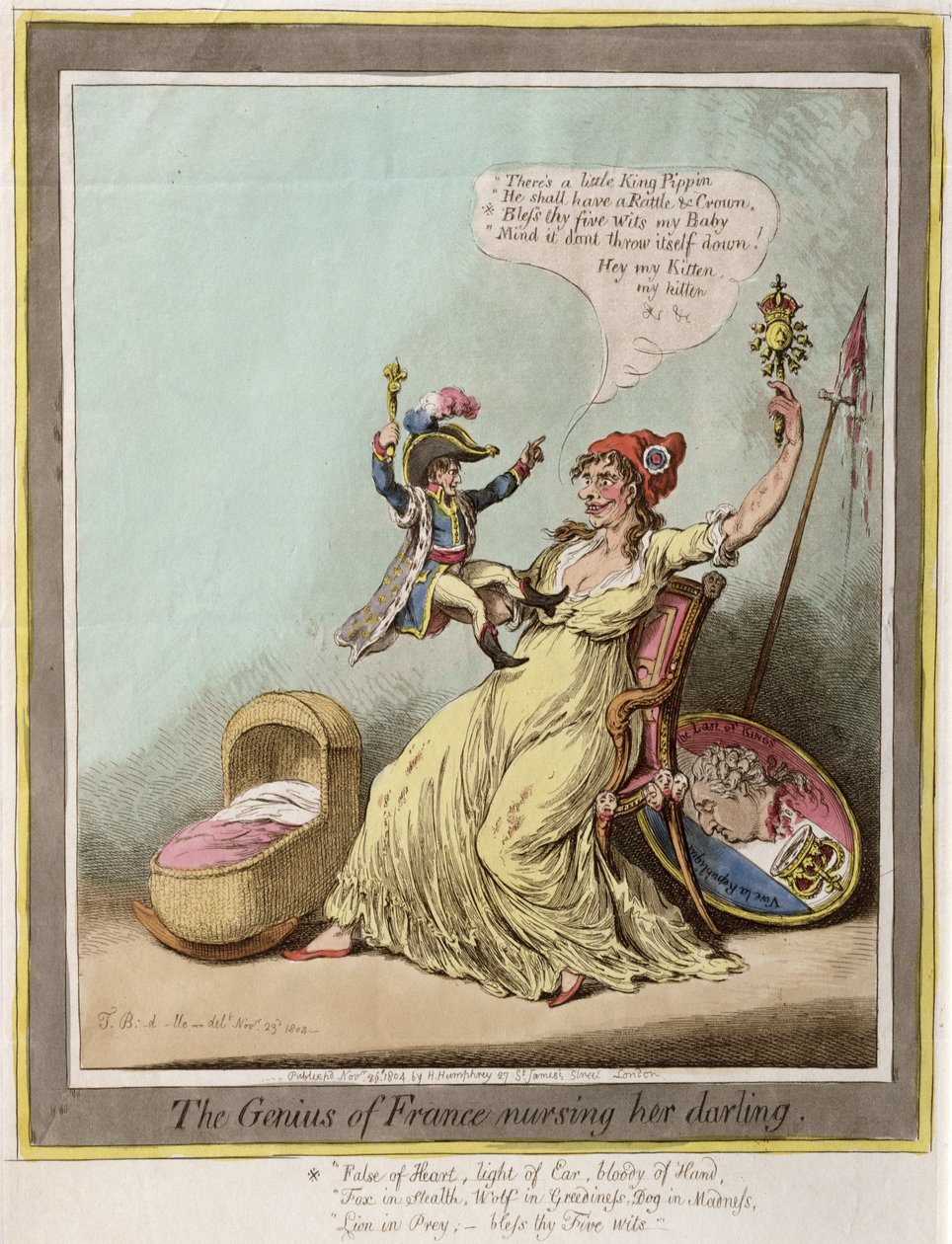 Il Genio di Francia che allatta il suo tesoro, pubblicato da Hannah Humphrey nel 1804 (acquaforte colorata a mano) da James Gillray