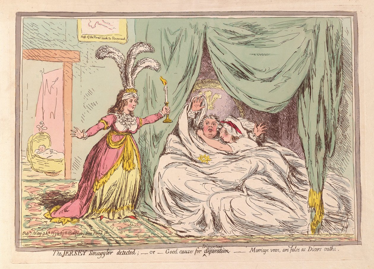 Il contrabbandiere di Jersey scoperto, o Buona causa per la separazione, i voti matrimoniali sono falsi come i giuramenti dei giocatori, pub. 1796 da James Gillray
