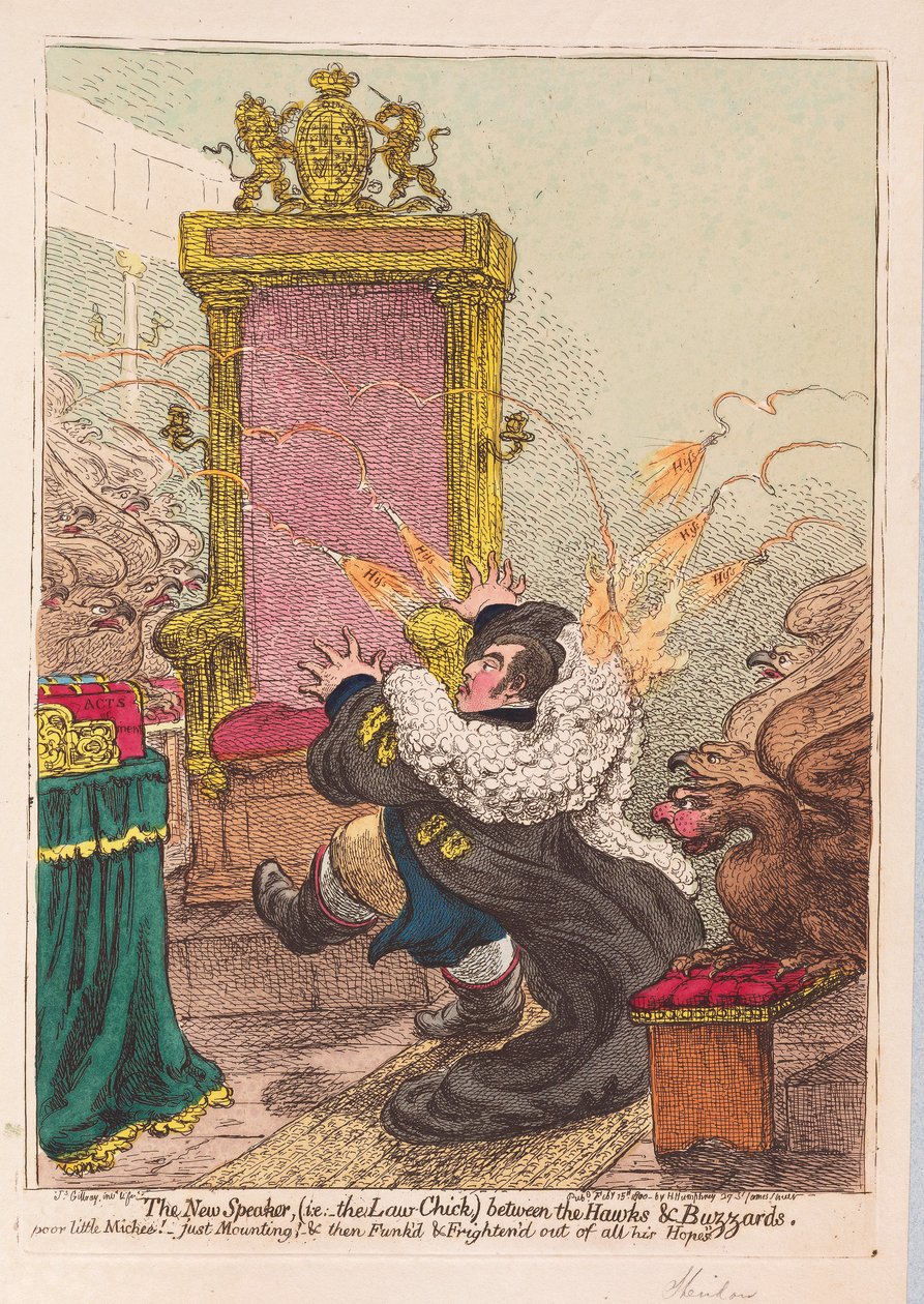 Il nuovo oratore, (cioè il pulcino della legge) tra falchi e poiane, pub. 1800 da James Gillray