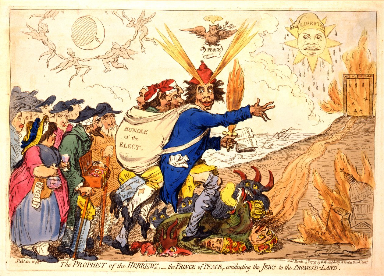 Il profeta degli ebrei - il Principe della Pace che conduce gli ebrei alla Terra Promessa, pub. Hannah Humphrey, 1795 (incisione colorata a mano) da James Gillray