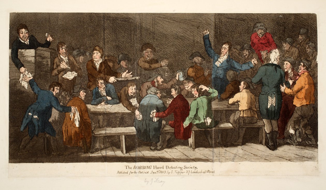 La Società di Dibattito di Robin Hood, pub S. Tipper, 1 gennaio 1809 (incisione colorata a mano) da James Gillray