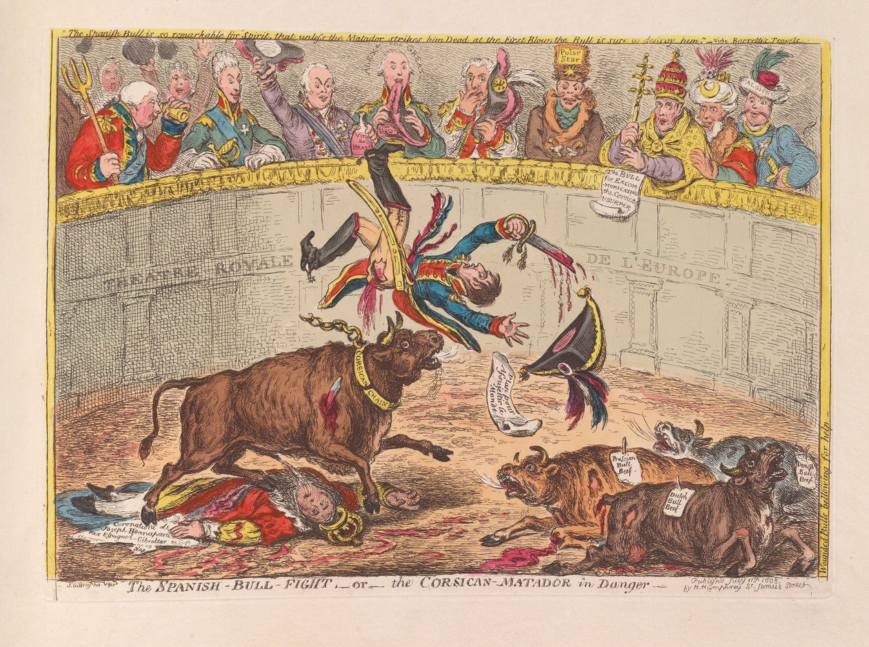 La corrida spagnola o il matador corso in pericolo, pub. 1805 da James Gillray