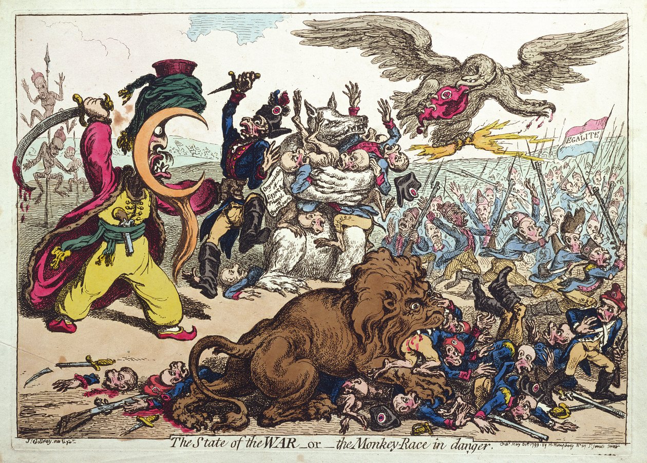 The State of War, or The Monkey Race in Danger, pubblicato da Hannah Humphrey nel 1799 (acquaforte colorata a mano) da James Gillray