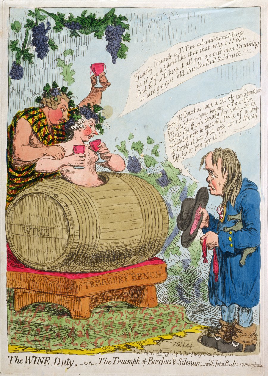 Il dazio sul vino, o Il trionfo di Bacco e Sileno con la rimostranza di John Bull, pubblicato da Hannah Humphrey nel 1796 da James Gillray
