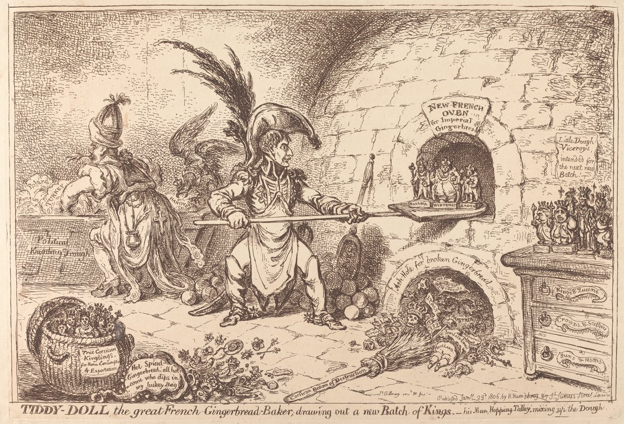 Tiddy-Doll, la grande fornaia di pan di zenzero, sta preparando una nuova infornata di Re da James Gillray