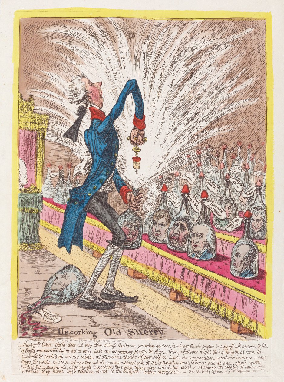 Stappando il vecchio Sherry, pub. 1805 da James Gillray