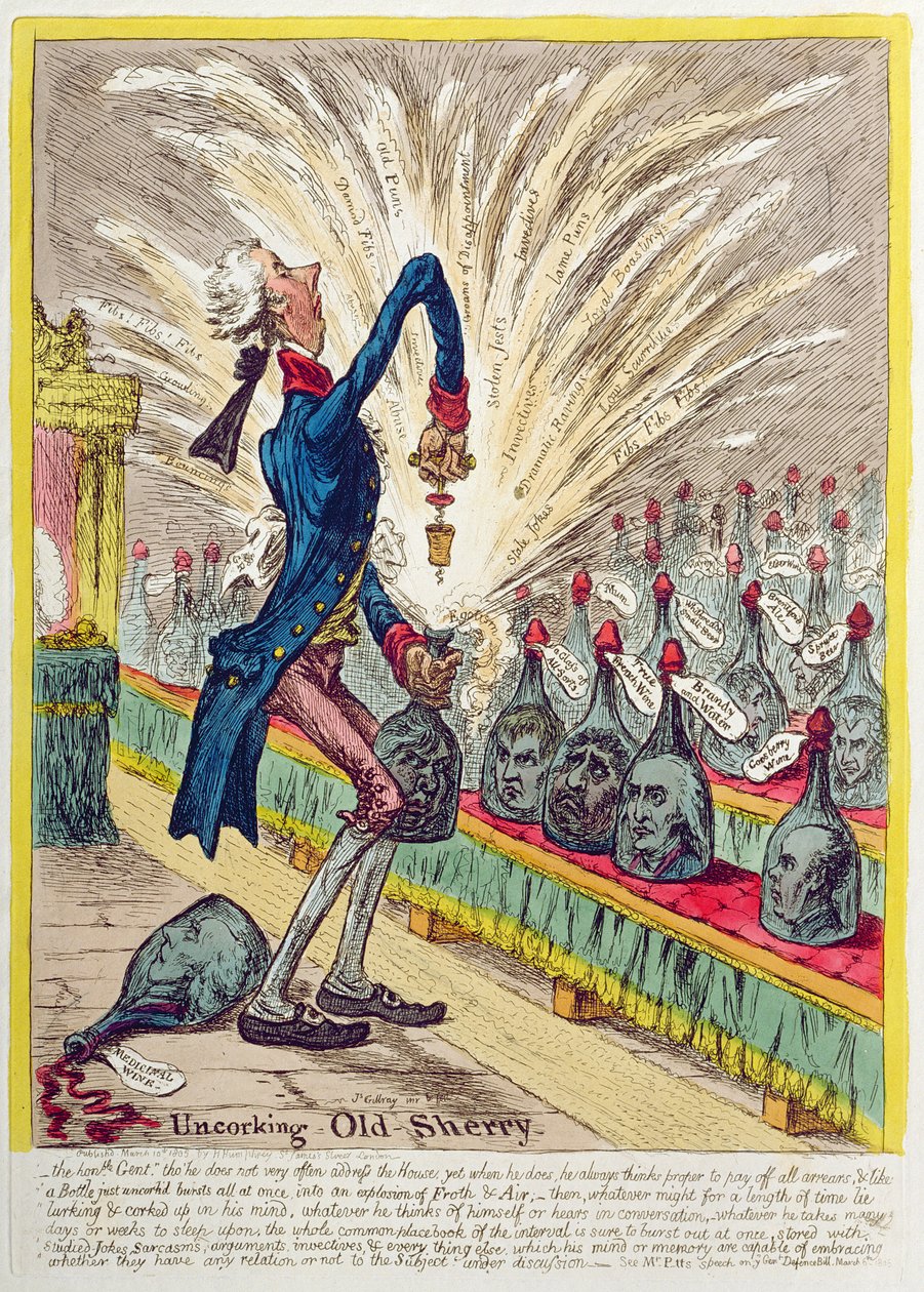 Stappando il vecchio Sherry, pubblicato da Hannah Humphrey nel 1805 da James Gillray