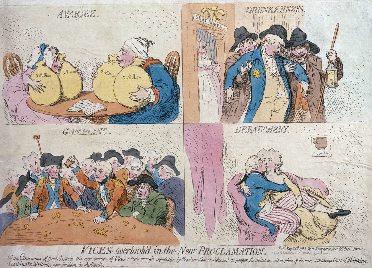 Vizi trascurati nella nuova proclamazione, pubblicato da Hannah Humphrey, 1792 da James Gillray