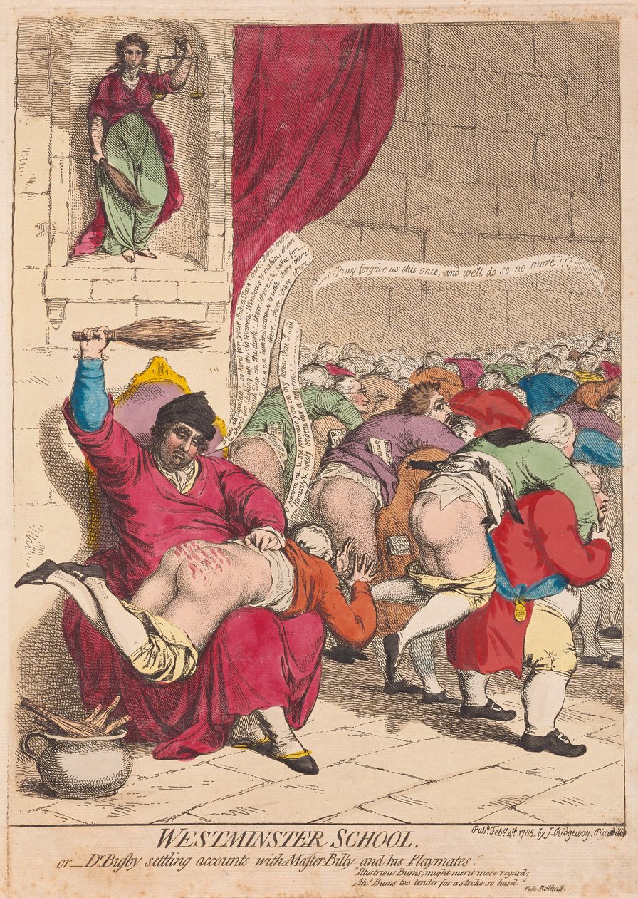 Scuola di Westminster o Dr Busby che regola i conti con il maestro Billy e i suoi compagni di gioco, pub. 1785 (incisione colorata a mano) da James Gillray
