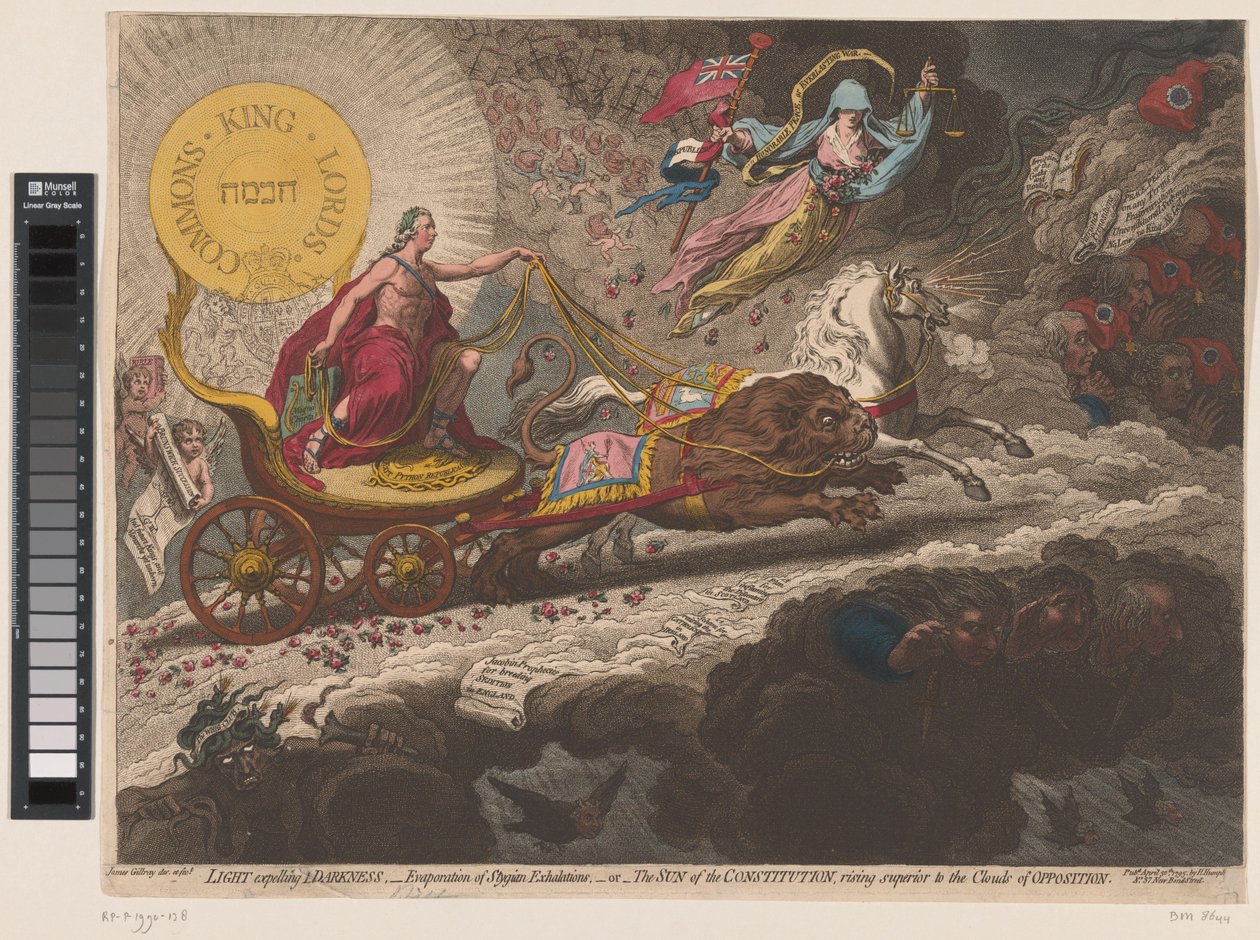 William Pitt scaccia le forze oscure, 1795 (Light Expelling darkness, - evaporation of Stygian exhalations,-or- The sun of the constitution, rising superior to the clouds of opposition) da James Gillray