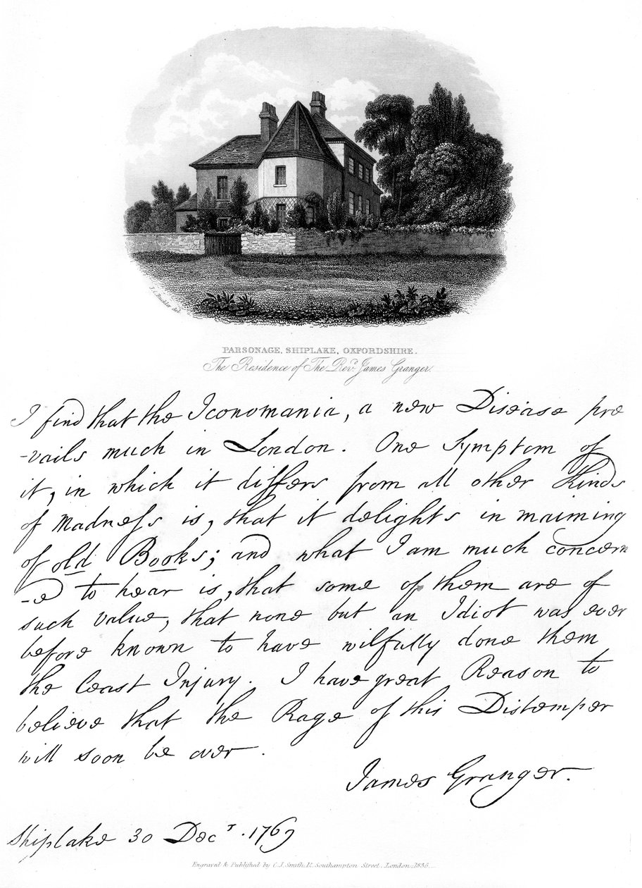 Una lettera del reverendo James Granger e una vista della sua residenza a Shiplake da James Granger