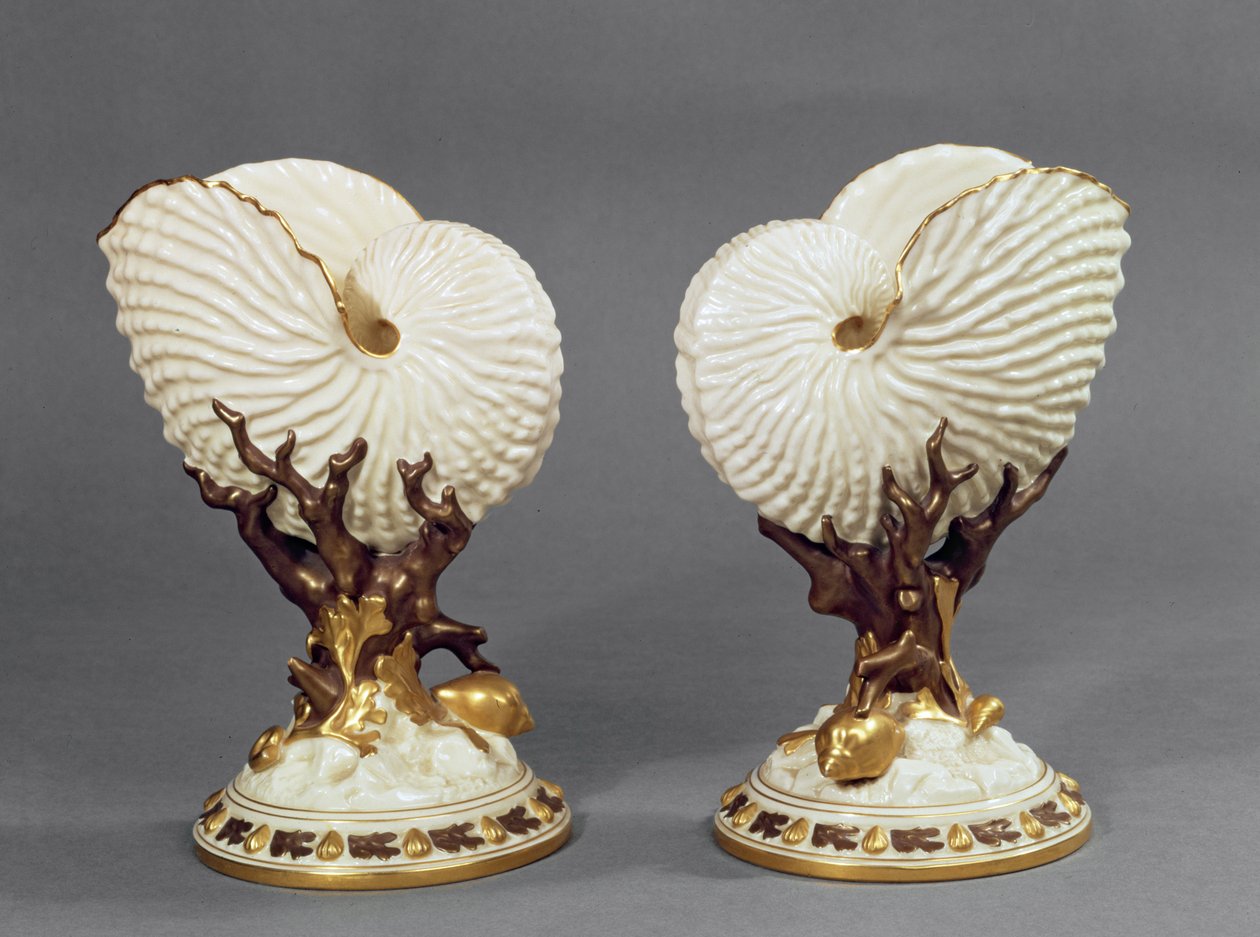 Coppia di vasi di Worcester a forma di conchiglie di Nautilus, 1880 da James Hadley