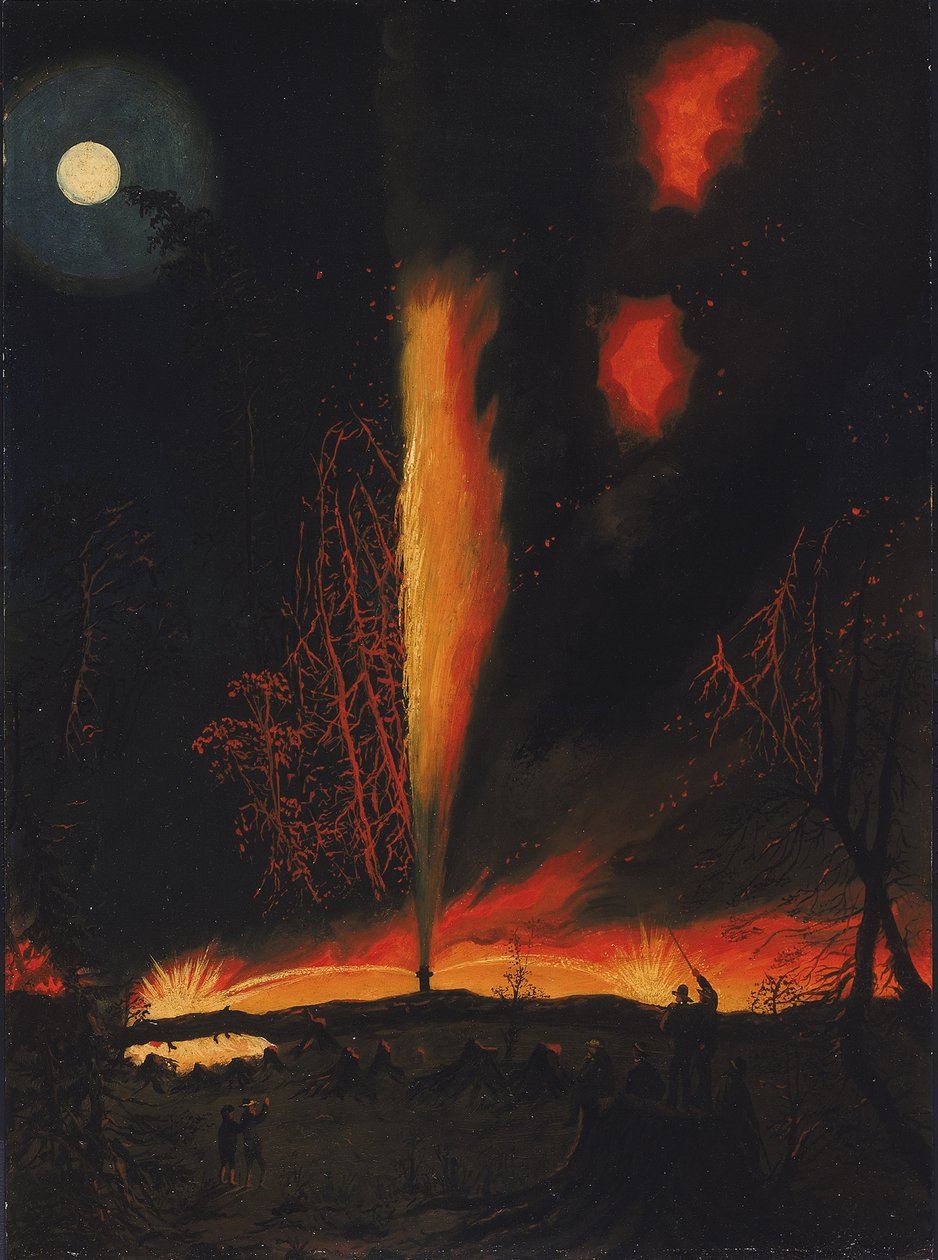 Pozzo petrolifero in fiamme di notte, vicino a Rouseville, Pennsylvania da James Hamilton