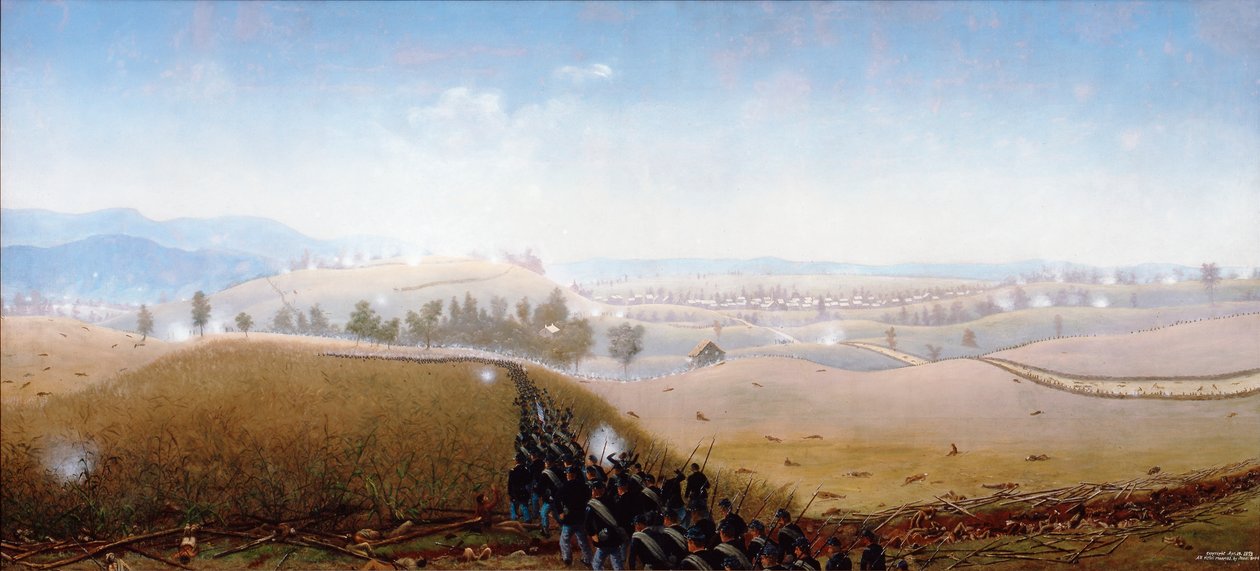 Il 7° Maine che avanza sopra i corpi dei confederati nella "Sunken Road" (olio su tela) da James Hope