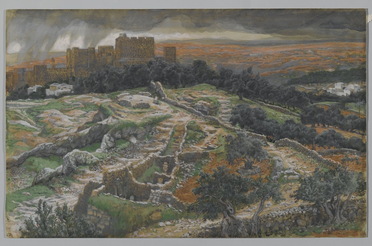 Ricostruzione del Golgota e del Santo Sepolcro, vista dalla Porta Giudiziaria, illustrazione da La vita di Nostro Signore Gesù Cristo da James Jacques Joseph Tissot