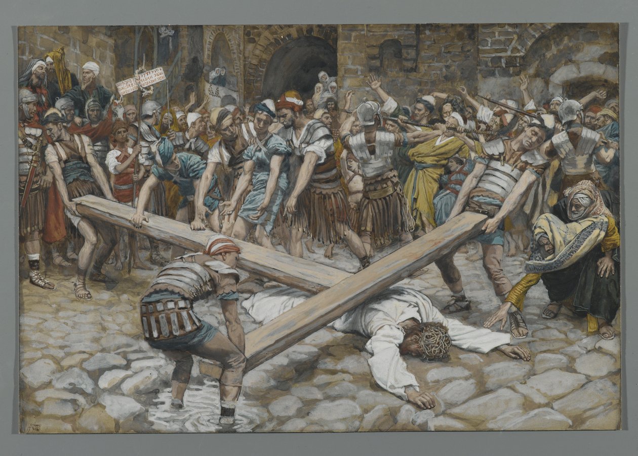 Simone di Cirene costretto a portare la croce con Gesù, illustrazione da La vita di Nostro Signore Gesù Cristo, 1886-94 da James Jacques Joseph Tissot