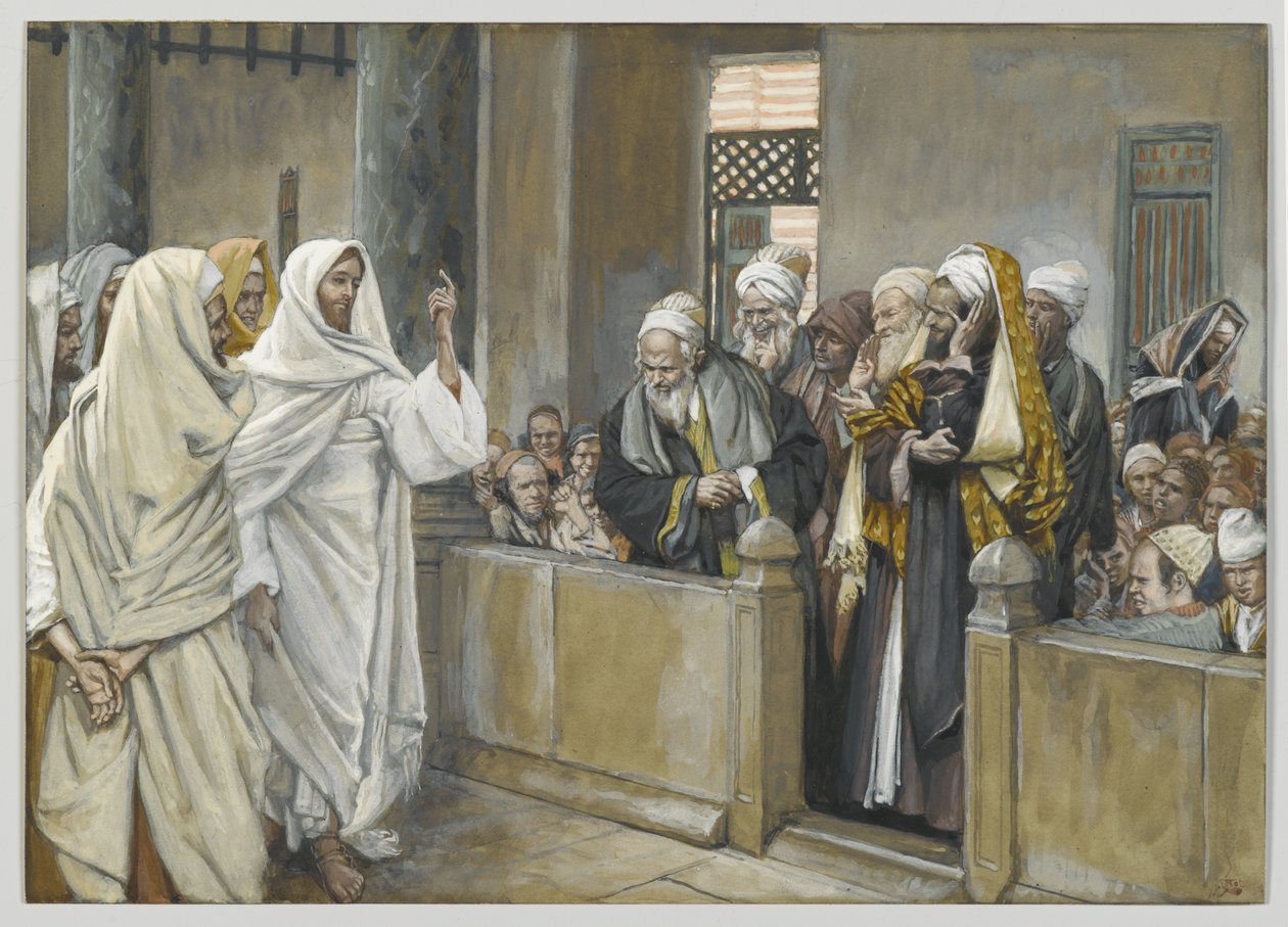 I sommi sacerdoti chiedono a Gesù con quale diritto agisce in questo modo, illustrazione da La vita di Nostro Signore Gesù Cristo, 1886-94 da James Jacques Joseph Tissot