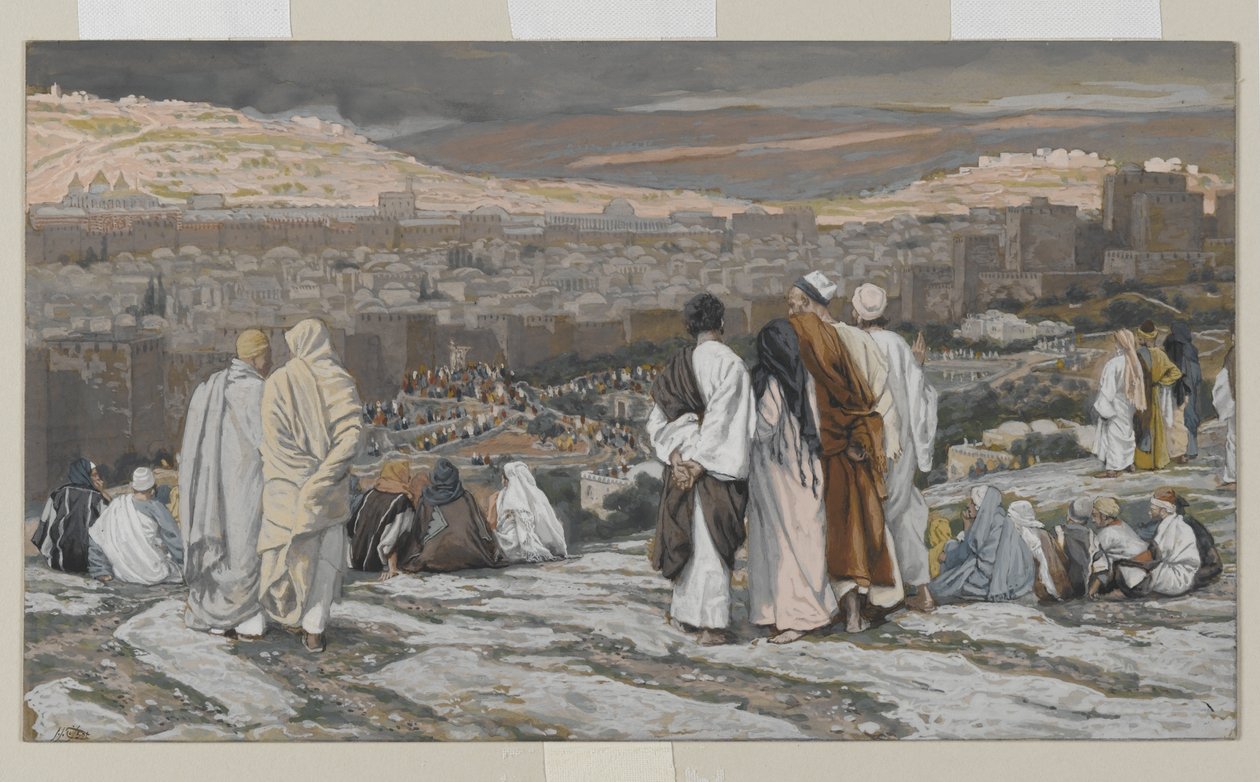 I discepoli, usciti dal loro nascondiglio, guardano da lontano in agonia, illustrazione da La vita di Nostro Signore Gesù Cristo, 1886-94 da James Jacques Joseph Tissot