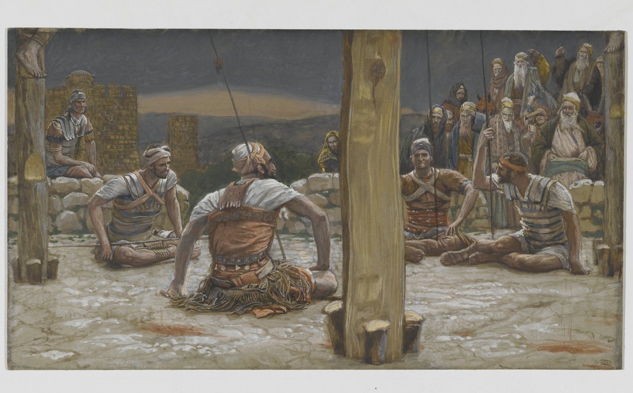 Le quattro guardie sedute lo osservano, illustrazione da La vita di Nostro Signore Gesù Cristo, 1886-94 da James Jacques Joseph Tissot