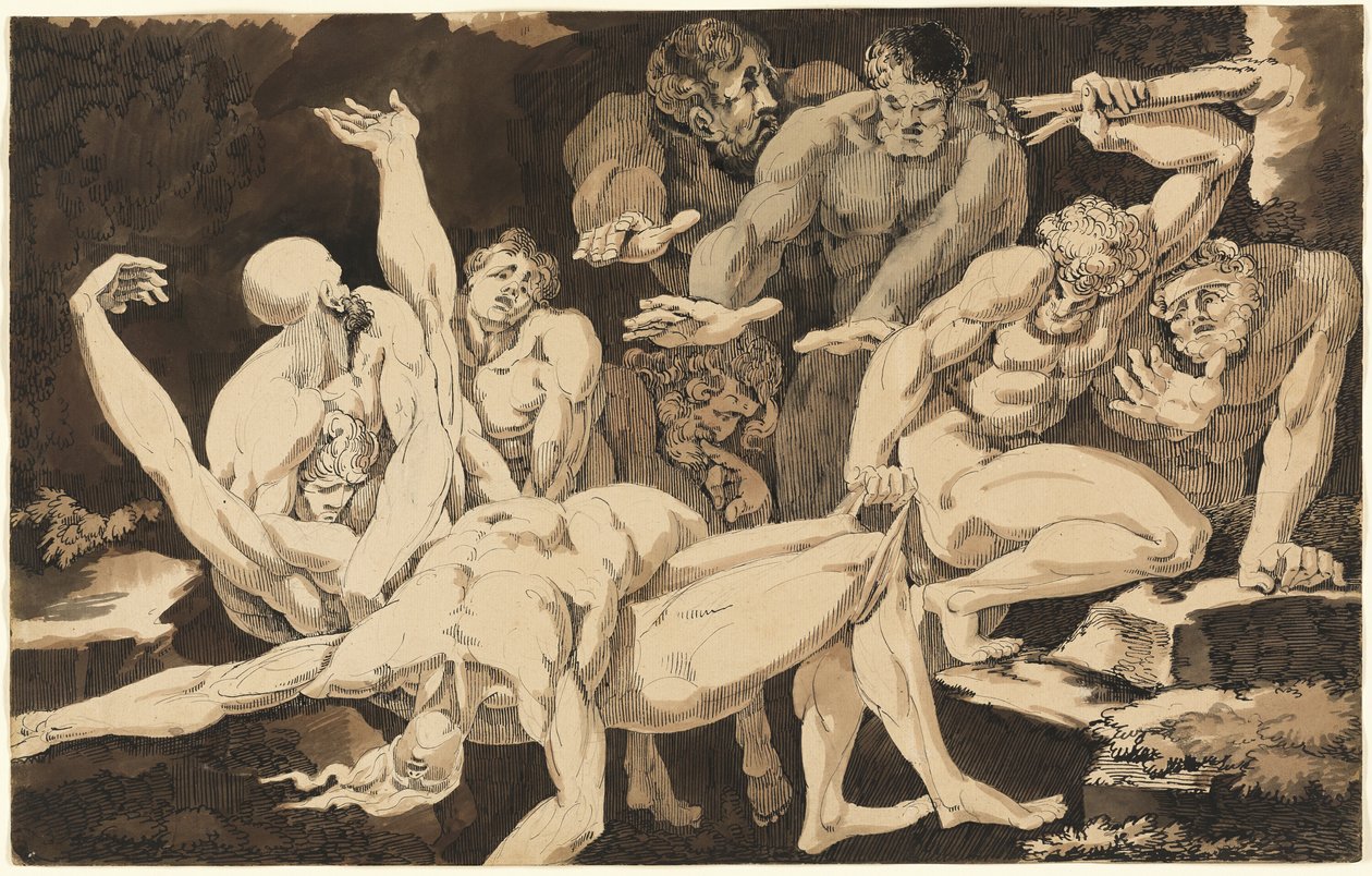 Figure maschili nude che portano i corpi dei loro compagni morti da James Jefferys