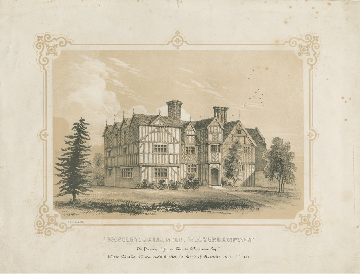 Bushbury - Moseley Old Hall: litografia, nd [?18th cent] da James Kellaway Colling