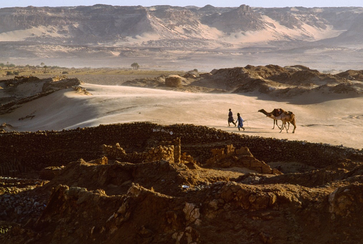 Cammello con membri della carovana del sale attraversa un altopiano desertico a BILMA, NIGER. BILMA, NIGER. da James L Stanfield