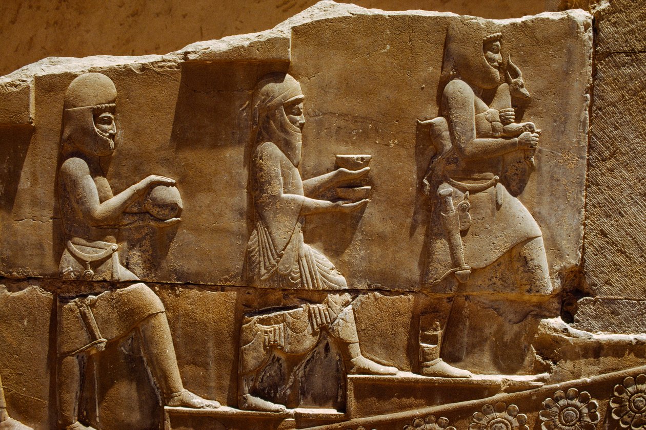 Scultura in rilievo di uomini che portano offerte sui muri di Persepoli. Persepoli, Iran da James L Stanfield