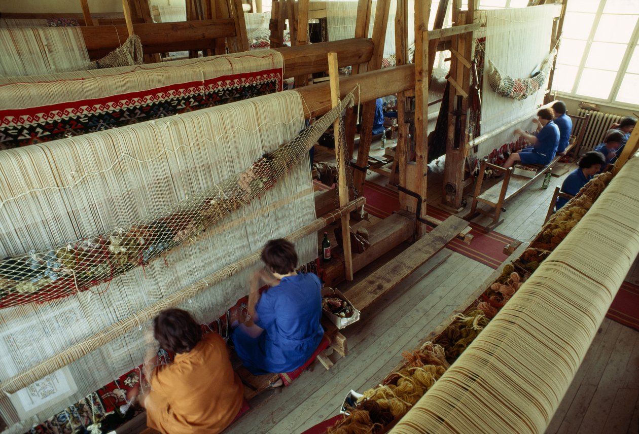 Donne che lavorano a un grande telaio per tappeti. Kotel, Bulgaria. da James L Stanfield
