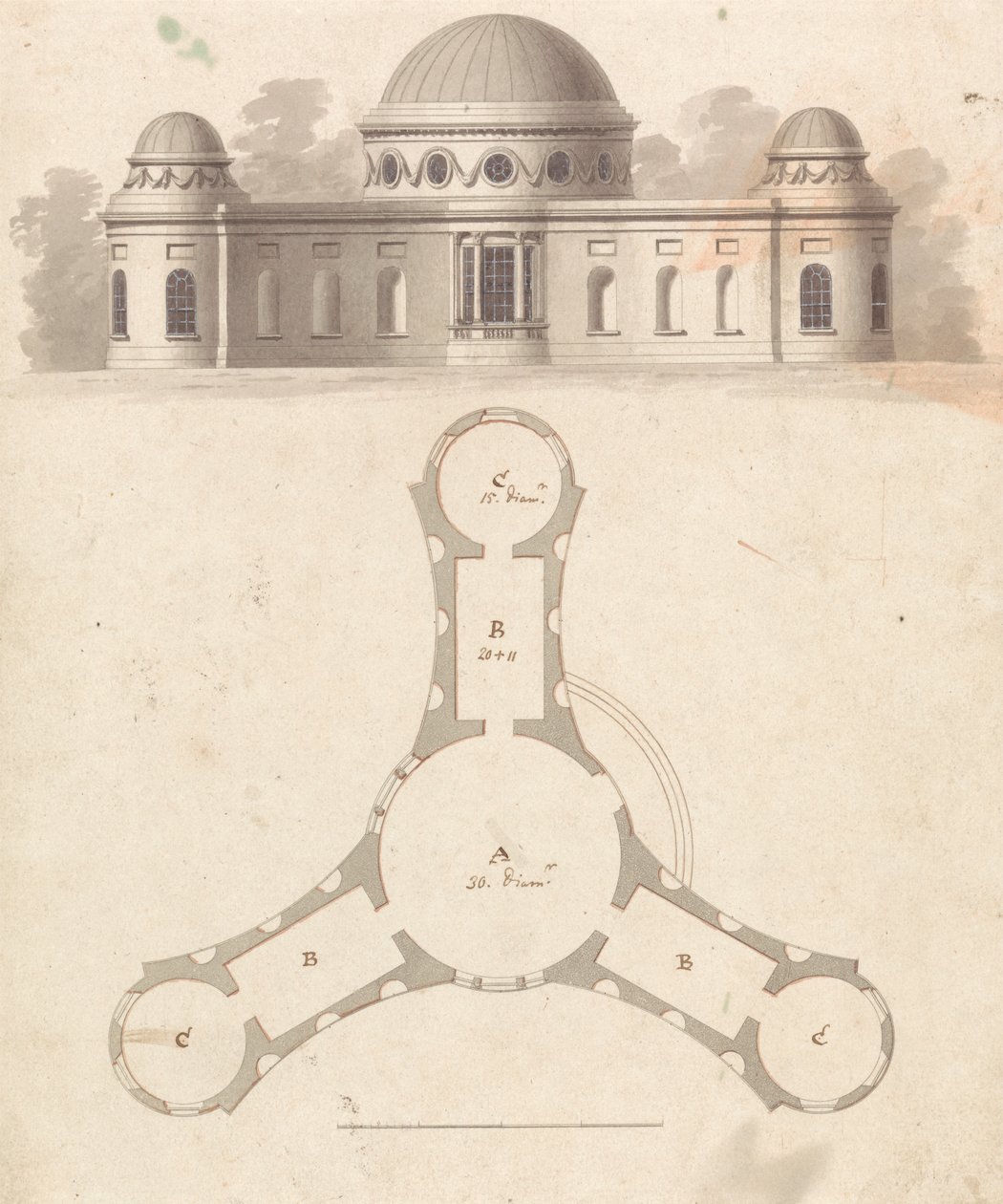 Stato iniziale, con revisioni, del Design 23, Piatto 25 di Una collezione di design per ritiri rurali da James Malton