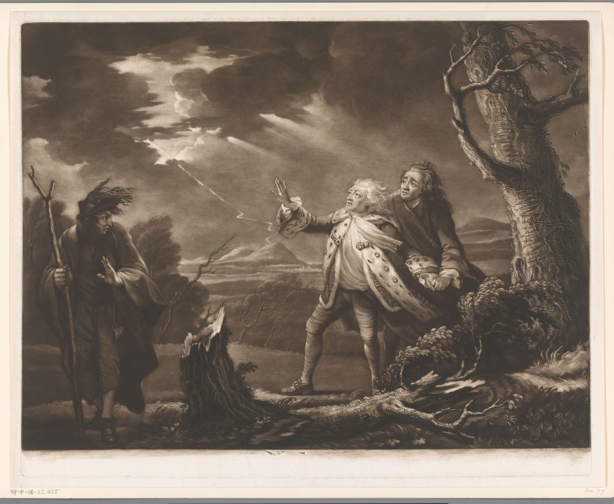 David Garrick come re Lear con il conte di Kent ed Edgar travestito da Tom in un paesaggio tempestoso da James McArdell