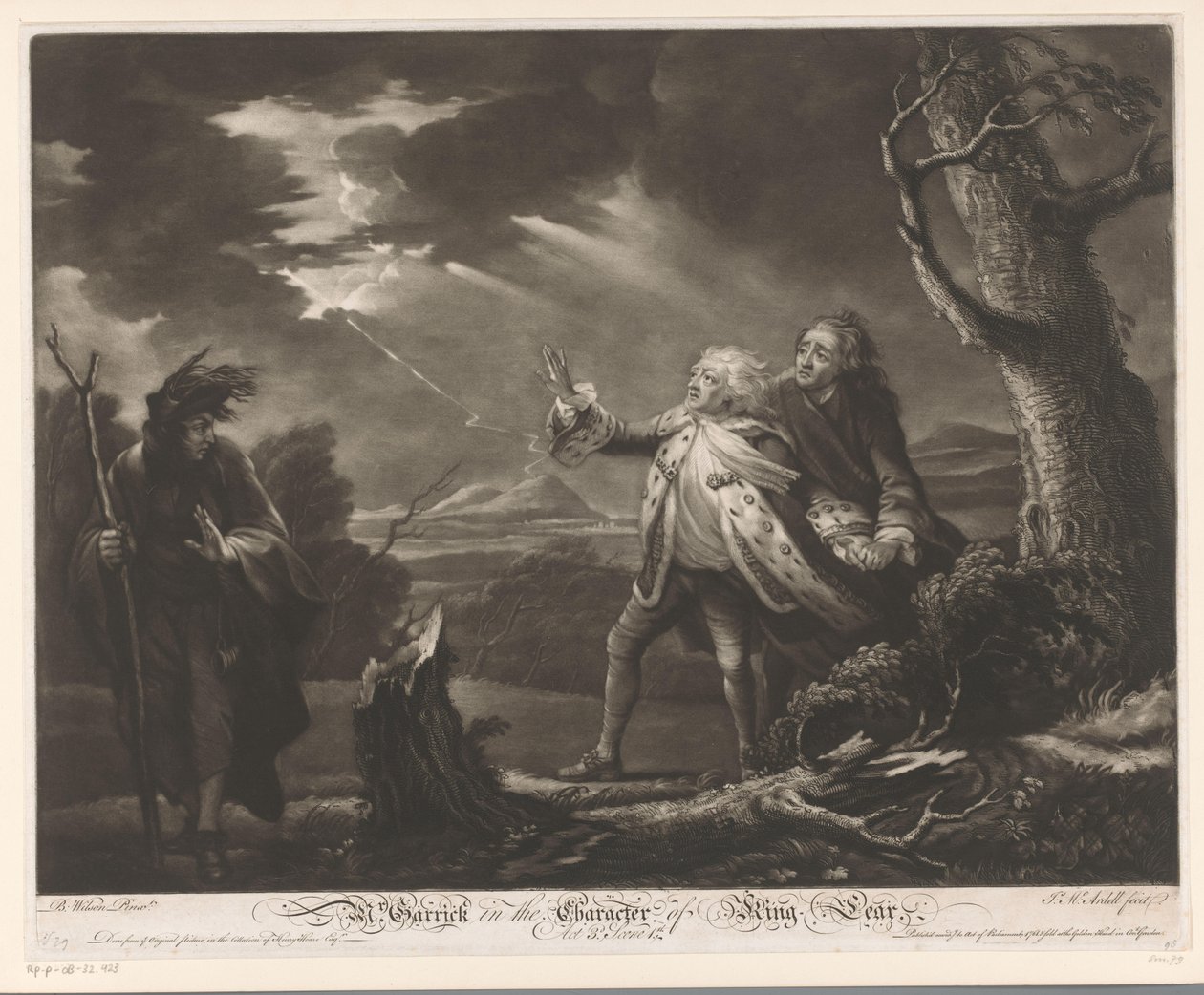 David Garrick come re Lear con il conte di Kent e Edgar travestito da Tom in un paesaggio tempestoso da James McArdell