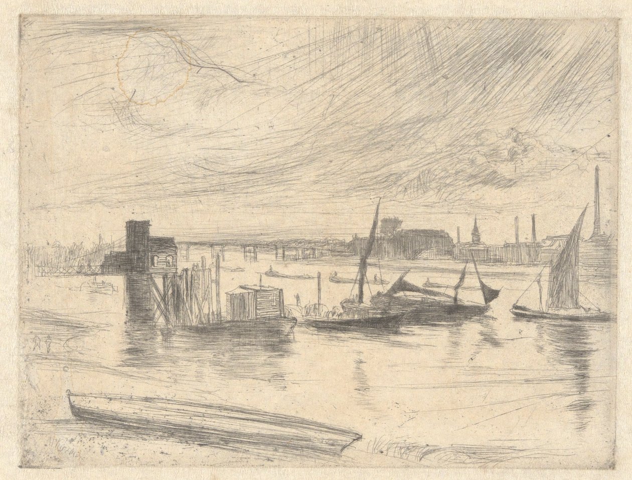 Alba a Battersea (Cadogan Pier), dal Thames Set (Una serie di sedici incisioni di scene sul Tamigi e altri soggetti) da James Abbott McNeill Whistler