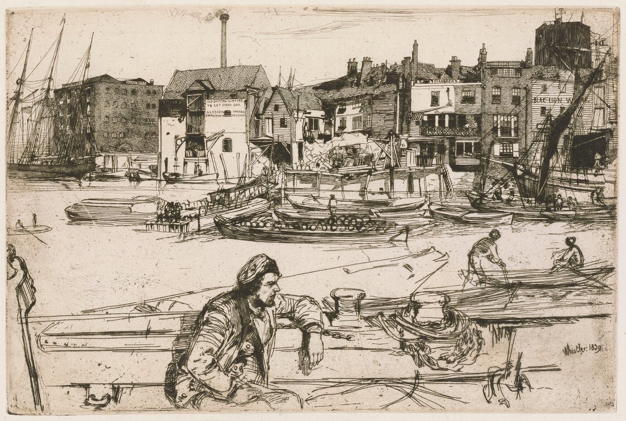 Black Lion Wharf, dalla serie Il Tamigi (Una serie di sedici incisioni di scene sul Tamigi e altri soggetti) da James Abbott McNeill Whistler