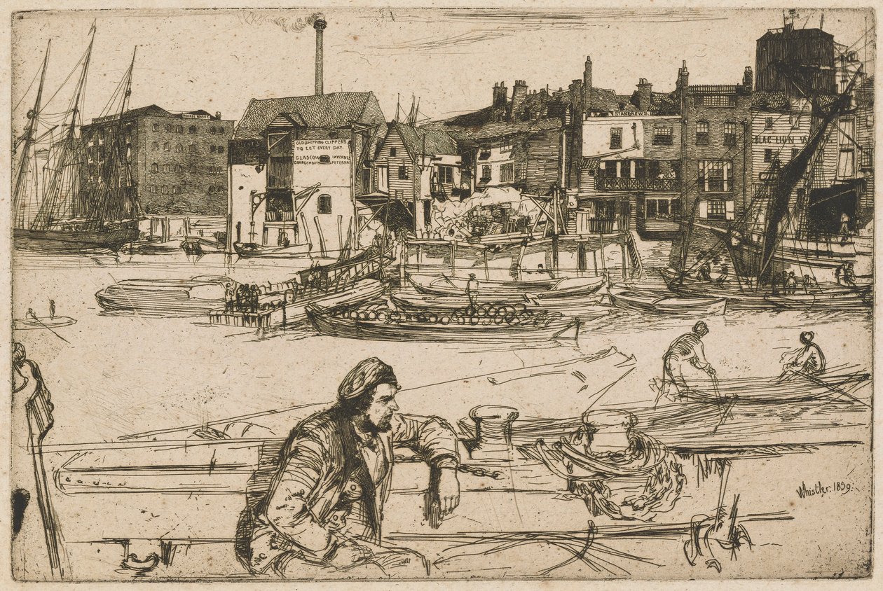 Black Lion Wharf, dalla serie del Tamigi (Una Serie di Sedici Incisioni di Scene sul Tamigi e Altri Soggetti) da James Abbott McNeill Whistler