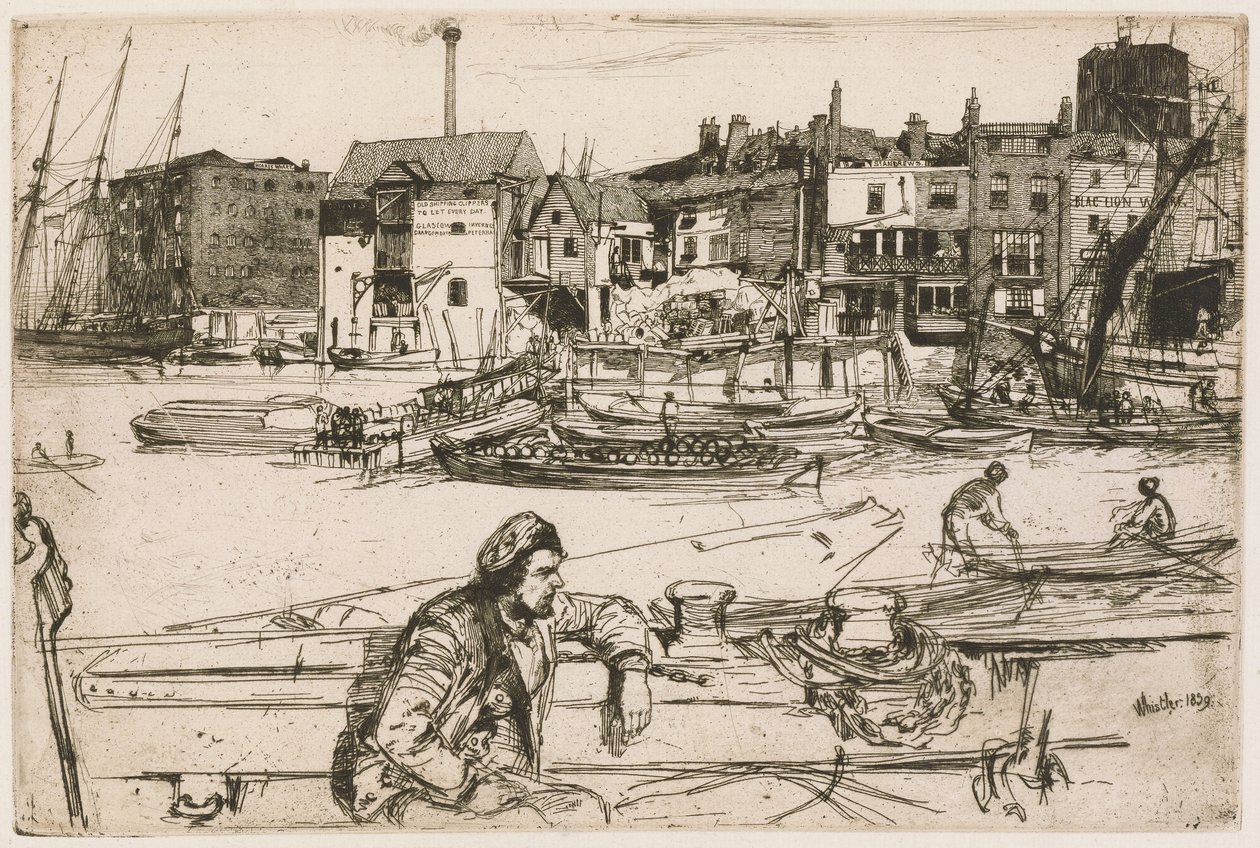 Black Lion Wharf, dalla serie “Thames Set” (Una serie di sedici incisioni raffiguranti scene sul Tamigi e altri soggetti) da James McNeill Whistler