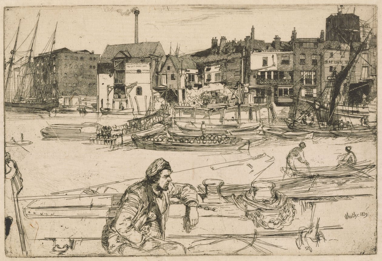 Black Lion Wharf, dalla serie del Tamigi (Una serie di sedici incisioni con scene sul Tamigi e altri soggetti) da James McNeill Whistler
