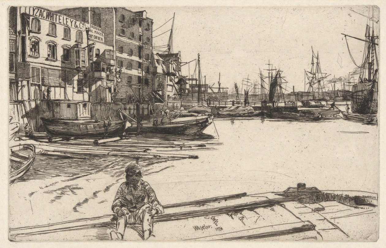 Eagle Wharf (Tyzac, Whiteley & Co.), dalla serie Thames Set (Una serie di sedici incisioni di scene sul Tamigi e altri soggetti) da James Abbott McNeill Whistler