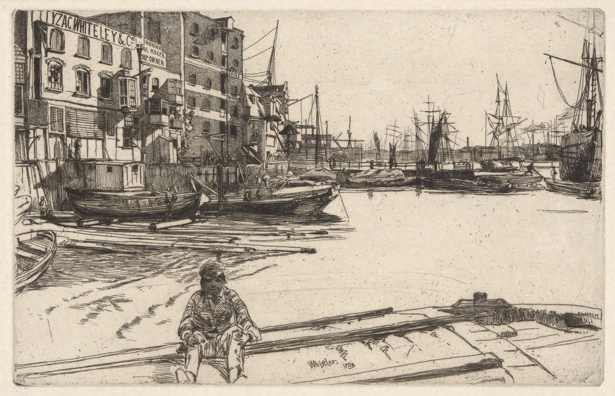 Eagle Wharf (Tyzac, Whiteley & Co.), dalla serie del Tamigi (Una serie di sedici incisioni di scene sul Tamigi e altri soggetti) da James McNeill Whistler